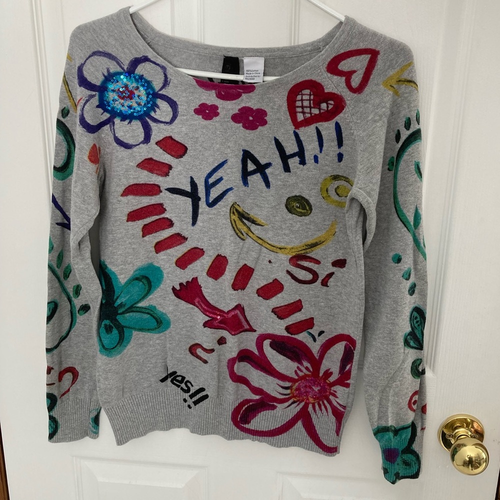 Desigual Gray Sweater with Multicolor Floral & Graphic Accents